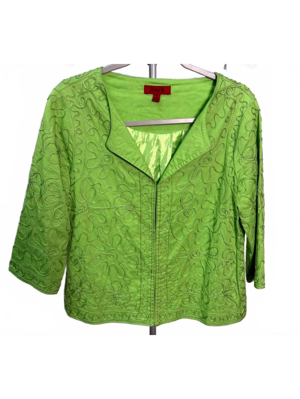 JONI B VTG LIME GREEN EMBROIDERED S JACKET WITH 3/4 SLEEVES SPRING SUMMER COTTON